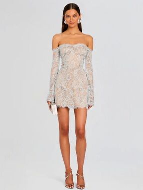 Retrofete Pale Blue Off-Shoulder Lace Mini Dress
